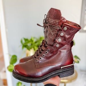 A.S.98 Cognac Bellamy Studded Combat Leather Lace-Up  Boots 37 7-7:5